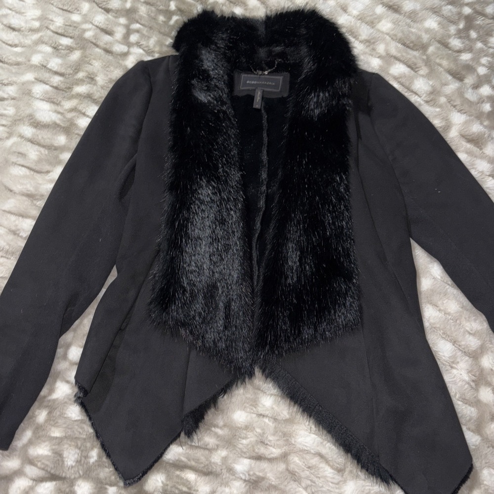 BCBG Maxazria Faux Fur Jacket Small Asymmetrical Black Glam Luxe Statement Coat